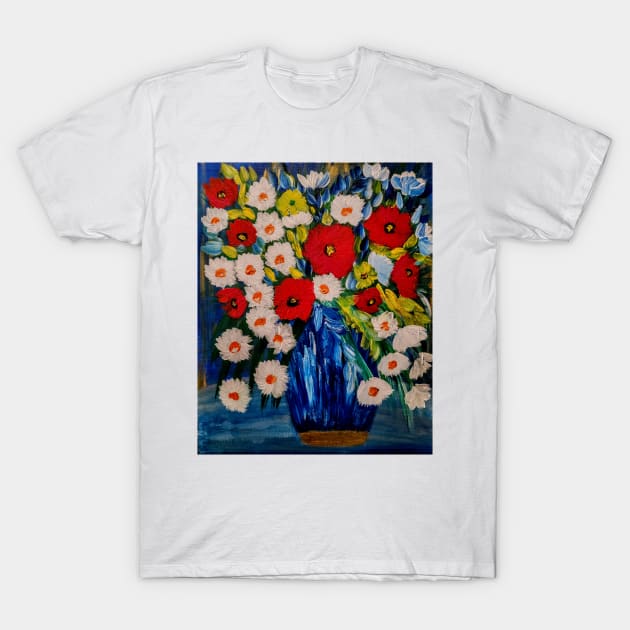 Some fun and bright poppies and mixed flowers in different vibrant colors in a glass vase T-Shirt by kkartwork